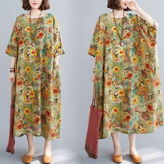 Elbow-sleeve Printed Midi A-line Dress Flower Print Dress - One Size