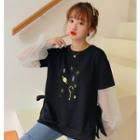 Mesh-panel Embroidered Star Long-sleeve T-shirt Black - One Size