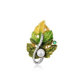 Fashion And Elegant Plated Gold Enamel Leaves Imitation Pearl Brooch Golden - One Size