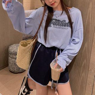 Long-sleeve Round-neck Lettering T-shirt / High-waist Drawstring Wide-leg Shorts