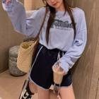 Long-sleeve Round-neck Lettering T-shirt / High-waist Drawstring Wide-leg Shorts