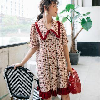 Ruffle Trim Cherry Print Mini A-line Dress