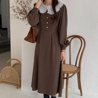 Long-sleeve Peter Pan Collar Lace Panel Plain Midi Dress