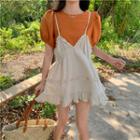 Short-sleeve Top / Strappy Ruffle Trim A-line Dress