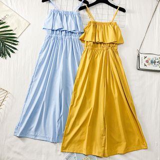 Sleeveless Ruffled Wide-leg Jumper Pants