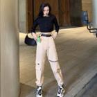Zip Gathered Cuff Cargo Pants + Long-sleeve Knit Top