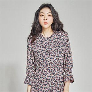 Puff-shoulder Patterned Long Chiffon Dress