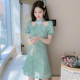Puff-sleeve Cold-shoulder Mini Qipao