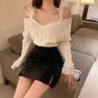 Off Shoulder Plain Long-sleeve Sweater / High Waist Plain Split A-line Skirt