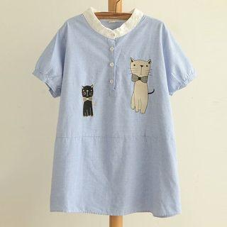 Cat Embroidered Striped Half Placket Shirt