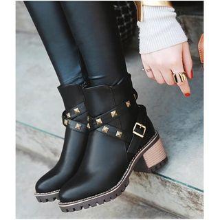 Chunky-heel Studded Belted Short Boots
