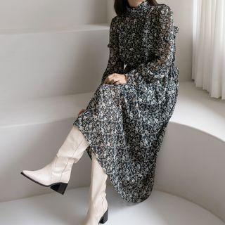 High-neck Frilled Maxi Floral Dress Dark Green - One Size