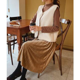 Set: Stitch-trim Vest + Mock Two-piece Dress With Belt