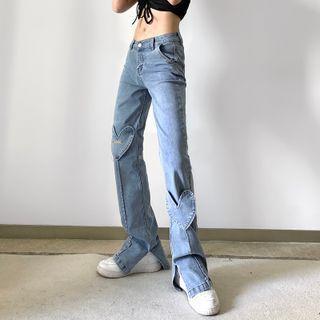 Mid Waist Heart Applique Wide Leg Jeans