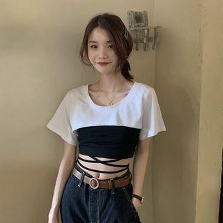 Set: Cross Strap Camisole Top + Short-sleeve Crop T-shirt Set Of 2 - T-shirt & Camisole Top - White & Black - One Size