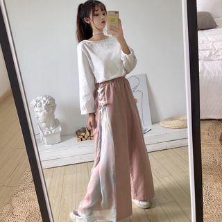 Heart Embroidered Long-sleeve Top / Lace-up Wide-leg Pants