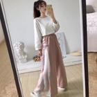 Heart Embroidered Long-sleeve Top / Lace-up Wide-leg Pants