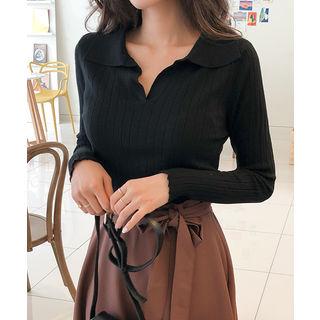 Collared Open-placket Knit Top Black - One Size