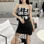 Plaid Camisole / Drawstring Mini A-line Skirt