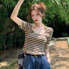 Short-sleeve Striped Polo Knit Top Striped - Coffee - One Size