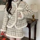 Houndstooth Fluffy Trim Button-up Jacket / Mini A-line Skirt