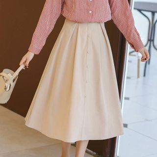 Buttoned Midi A-line Skirt Khaki - One Size