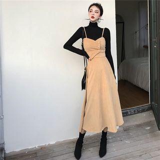 Long-sleeve Turtleneck Top / Spaghetti-strap A-line Midi Dress