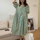 Short-sleeve Floral Print Midi A-line Dress Floral - Beige - One Size