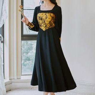 Long-sleeve Print Panel Midi Dress