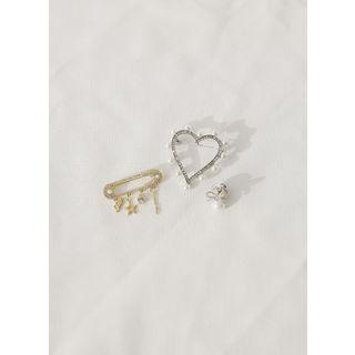Faux-pearl / Safety Pin / Heart Brooch Set Of 3 Gold - One Size