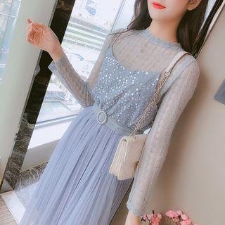 Set: Long-sleeve Lace Top + Spaghetti Strap Sequined Midi Dress