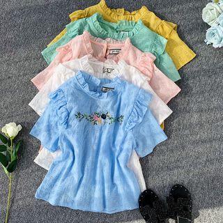 Floral Embroidered Frill-hem Short-sleeve Blouse