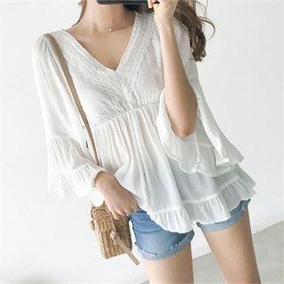 V-neck Bell-sleeve Sheer Empire Blouse