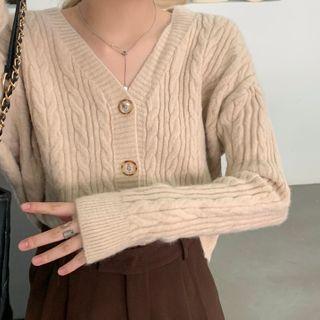 V-neck Single-breasted Cable-knitted Cardigan As Shown In Figure - One Size