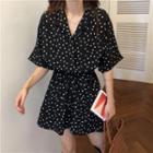 Short-sleeve Dotted Collared Romper Black - One Size