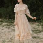 Puff-sleeve Crochet Lace Trim Midi A-line Dress