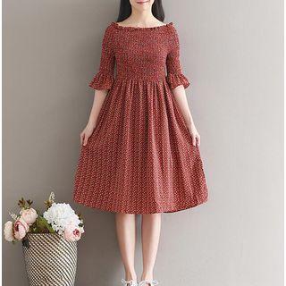 Printed Off Shoulder Elbow Sleeve Midi Dress
