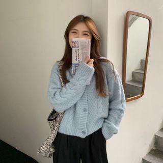 Long Sleeve Plain Cable-knit Cardigan