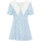 Short-sleeve V-neck Collared Floral A-line Dress