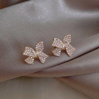 Rhinestone Bow Earring 1 Pair - White & Gold - One Size