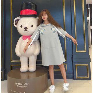 Elbow-sleeve Floral Embroidery Hoodie Dress