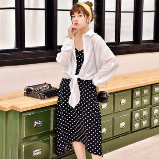Set: Spaghetti Strap Tent Dress + Long Sleeve Sheer Blouse