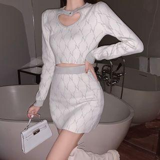 Round-neck Cut-out Detail Monogram Crop Top / High Waist Mini Skirt