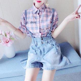 Set: Plaid Short-sleeve Blouse + Denim Shorts
