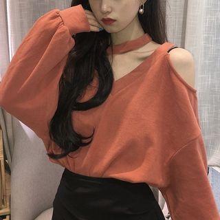 Long-sleeve Cutout Knit Top / Mini A-line Skirt