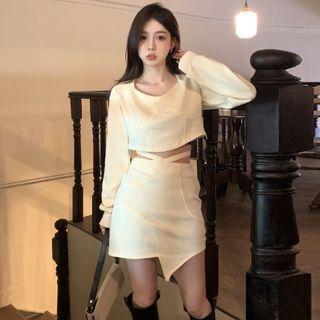 Set: Long-sleeve Cropped T-shirt + Asymmetrical Mini A-line Skirt Almond - One Size