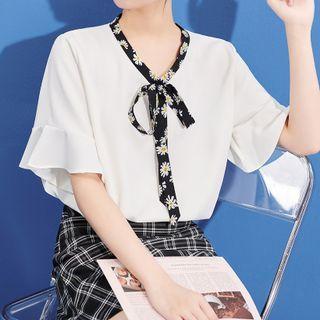 Elbow-sleeve Bow-neck Chiffon Top