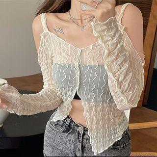 Cold-shoulder Front-slit Blouse Almond & Black - One Size