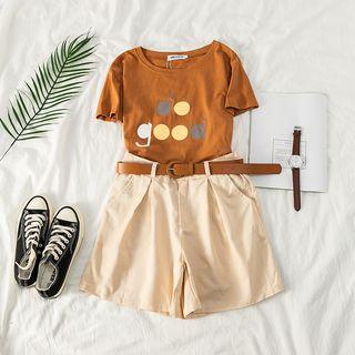 Set: Short-sleeve Lettering Round Neck T-shirt + High-waist Wide-leg Shorts