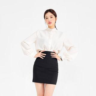 Mandarin-collar Bead-button Blouse